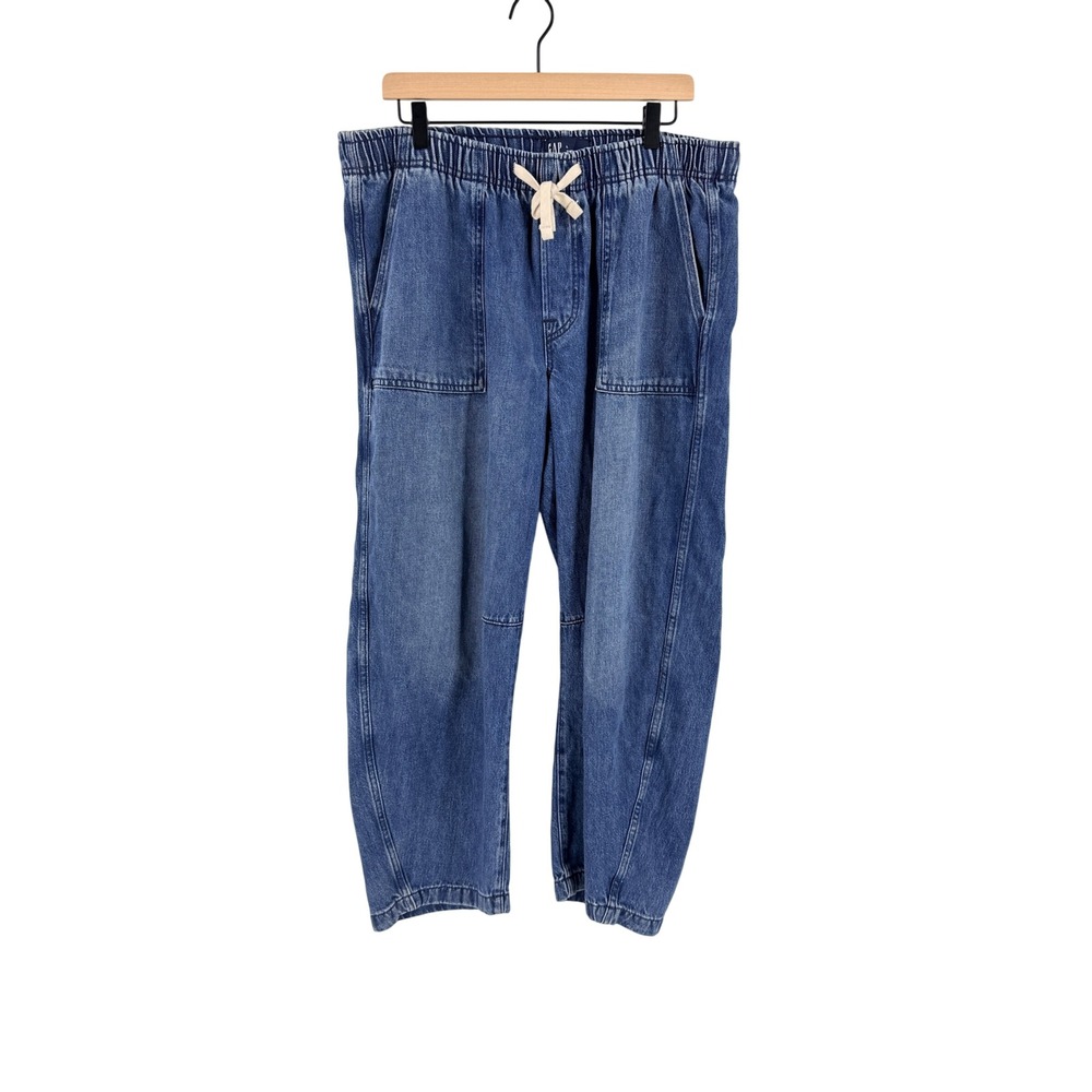 GAP Pull On Barrel Jeans Medium Wash Large Denim Relaxed High Rise Tapered Soft